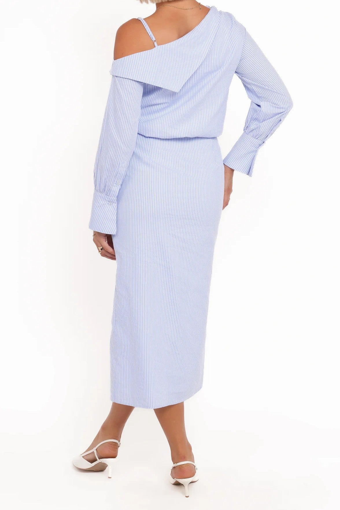 Blue & White Stripe Off-Shoulder Midi Dress