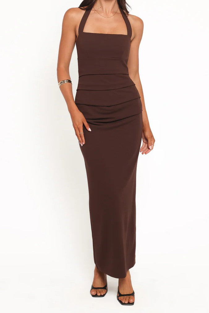 Brown Halter Ruched Bodycon Maxi Dress