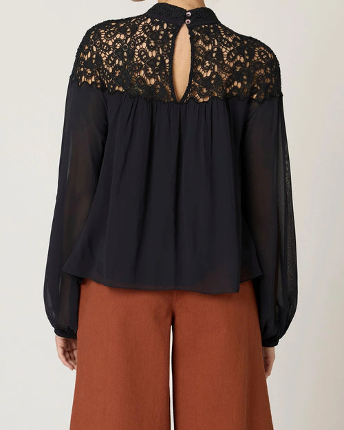 Black Lace Panel Chiffon Blouse