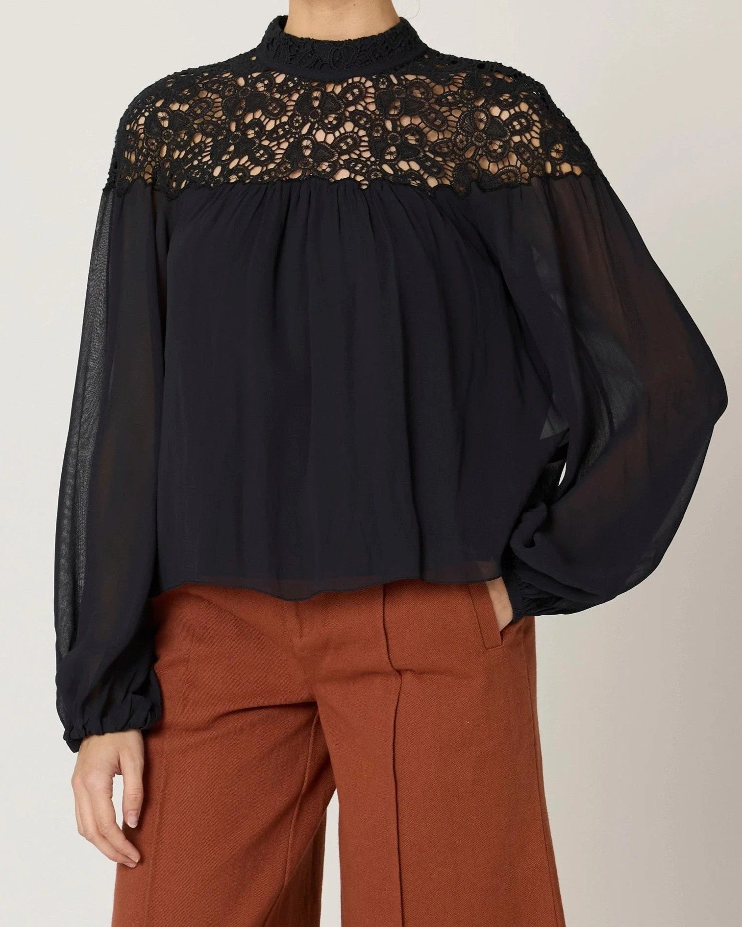 Black Lace Panel Chiffon Blouse