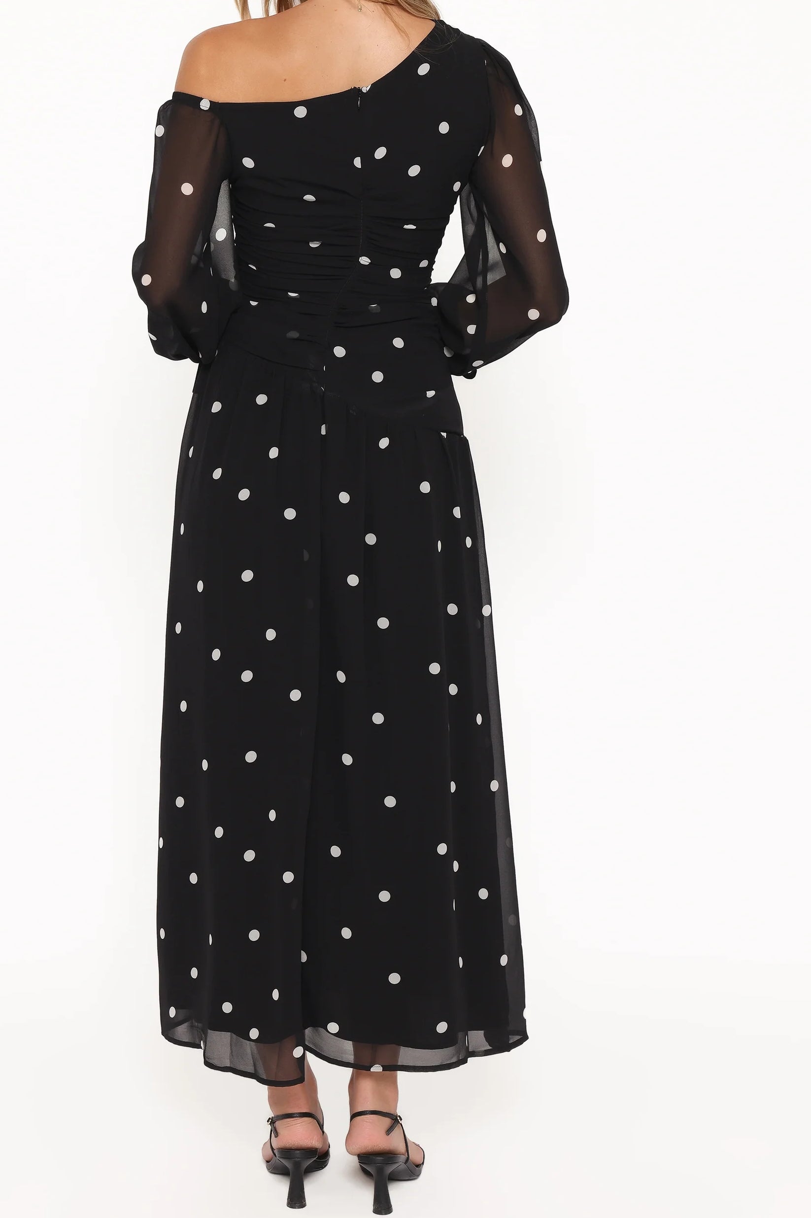 Black Polka Dot One-Shoulder Maxi Dress