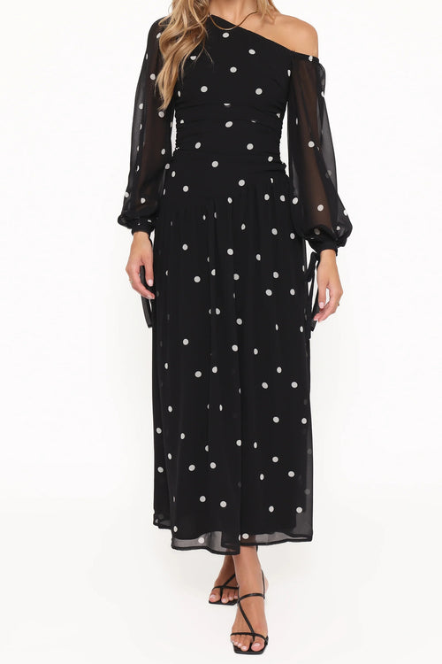 Black Polka Dot One-Shoulder Maxi Dress