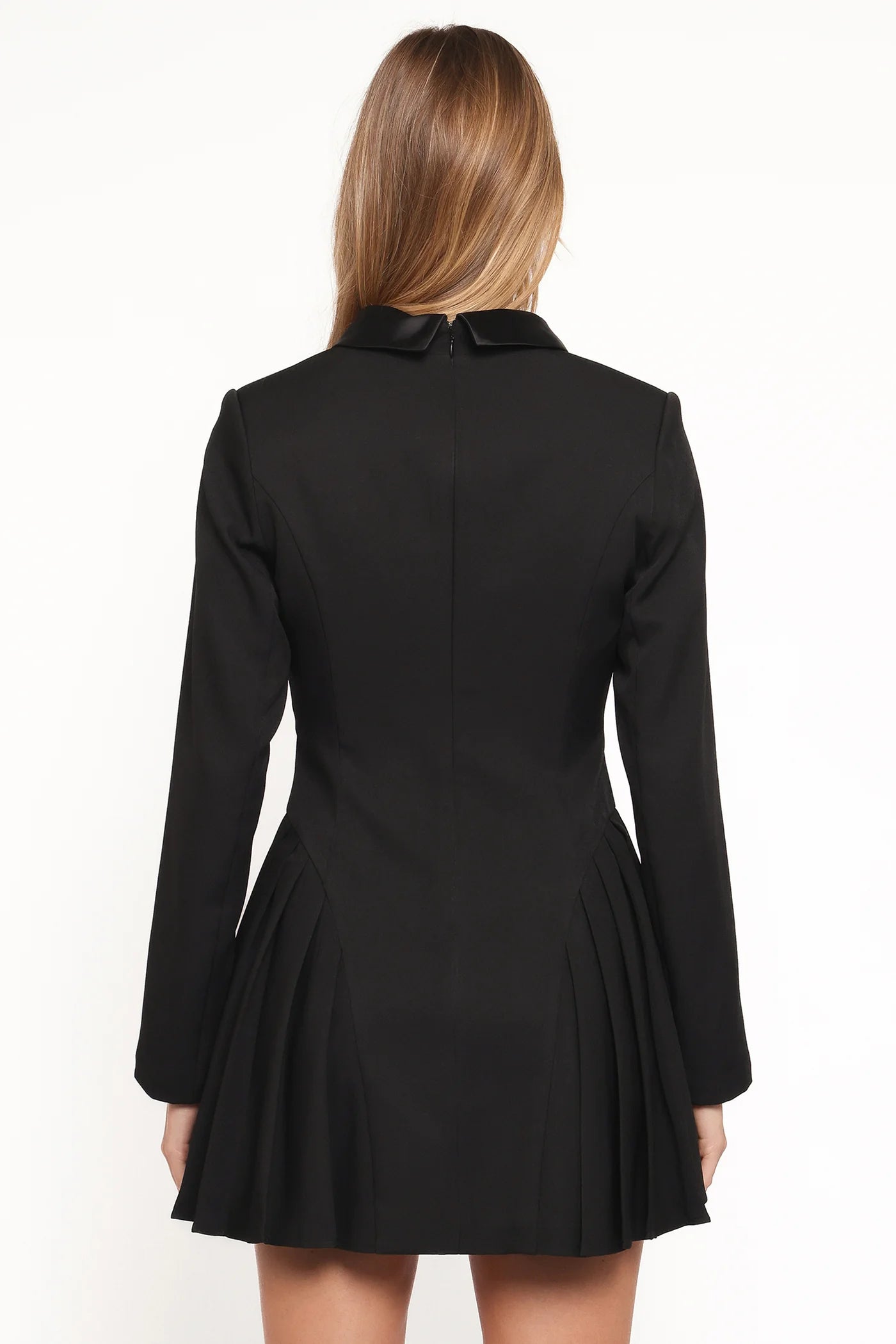Black Satin Lapel Rhinestone Button Blazer Mini Dress