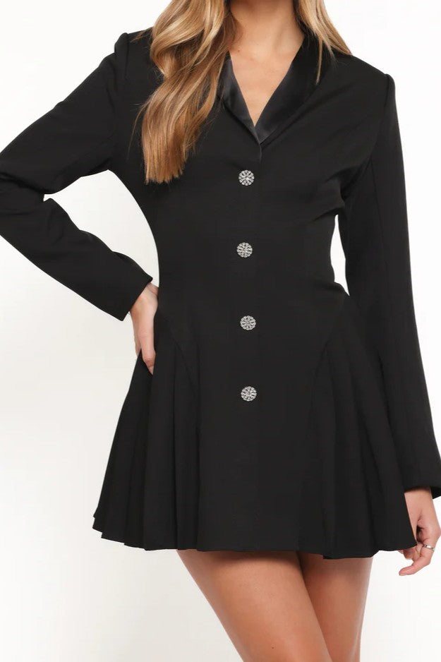 Black Satin Lapel Rhinestone Button Blazer Mini Dress