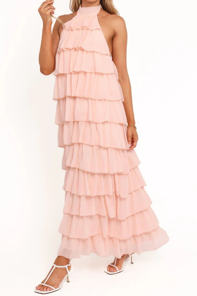 Blush Pink Tiered Halter Maxi Dress