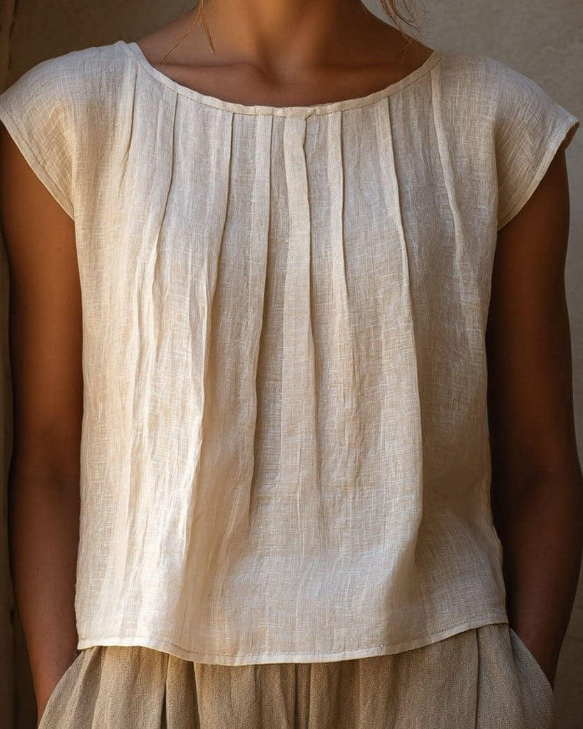 Beige Sleeveless Pleated Linen Blouse